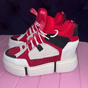 ANTHONY WANG Red and White High-Top Platform Sneakers - Size 9